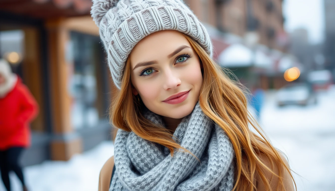 A stylish individual wearing a cute beanie and scarf, showcasing their healthy hair while standing outdoors in a wintery setting