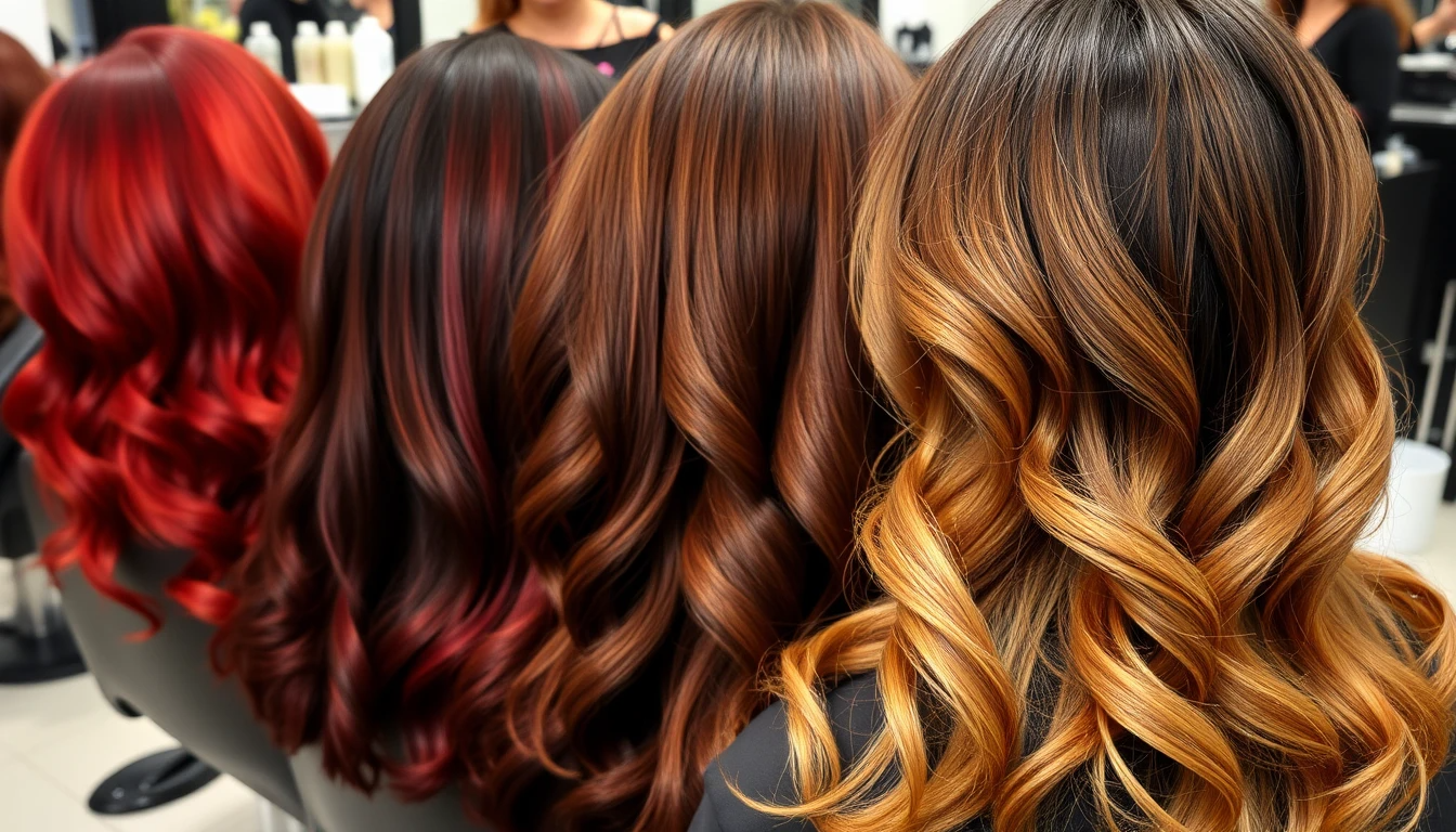 A vibrant display of rich, warm hair colors (deep reds, chocolate browns, caramel balayage) in a salon setting, with a deep conditioning treatment being applied