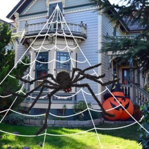 200" Halloween Spider Web + 59" Giant Spider Decorations Fake Spider with Triangular Huge Spider Web for Indoor Outdoor Halloween Decorations