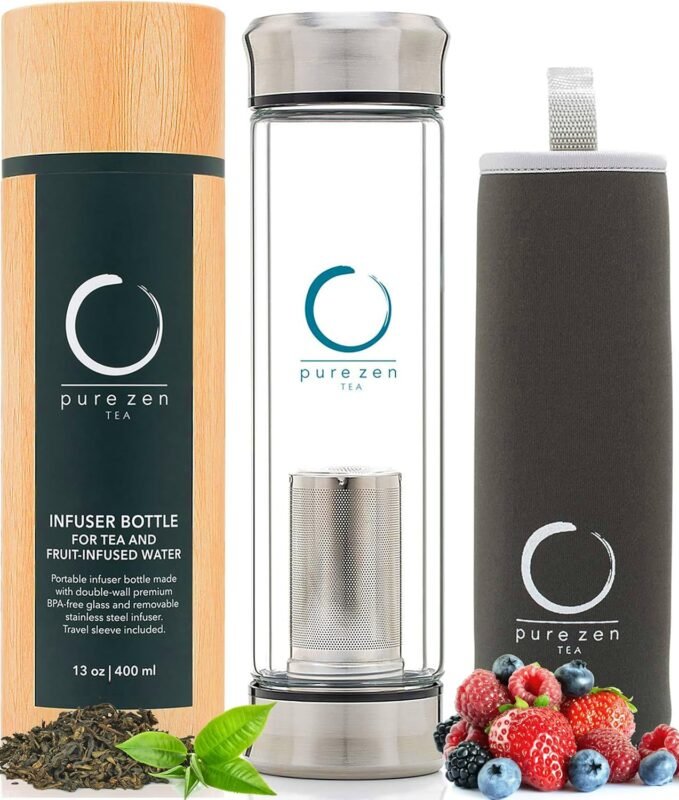 Pure Zen Tea Tumbler with Infuser - Double Wall Glass Travel Tea Mug with Stainless Steel Filter